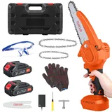 BIAOQINBO Mini Kettensäge mit Akku, 6 Zoll und 4 Zoll Akku Kettensäge Klein mit Öler, Tragbare Mini Elektrisch Einhand Kettensäge Akku Handkettensäge, 2 x 2000 mAh Akkus (Orange)