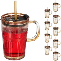 Relaxdays Trinkgläser 10er Set, mit Deckel & Strohhalm, Smoothiebecher 450 ml, Saftglas Henkel, Hellbraun
