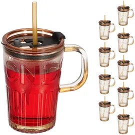 Relaxdays Trinkgläser 10er Set, mit Deckel & Strohhalm, Smoothiebecher 450 ml, Saftglas Henkel, Hellbraun