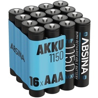ABSINA Akku AAA Micro 1150 16er Pack - NiMH Wiederaufladbarer AAA Akku mit min. 1050mAh & 1,2V - Akkus AAA für Geräte mit hohem Stromverbrauch - AAA Akkus ideal für Telefon Akku 1050 mAh (1.2 V)