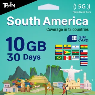 TSIM Südamerika-SIM-Karte 30 Tage 10 GB | Multi-Operator-5G/4G-Netzwerk (Hotspot erlaubt) | Nutzung in Brasilien, Chile, Kolumbien, Argentinien, Ecuador & mehr | Automatische Aktivierung.