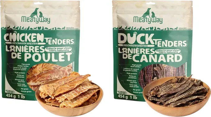 MeatyWay Jerky-Streifen mit Huhn und Ente, Hundesnacks, proteinreich, fettarm, 100 % natürlich, getreidefrei, leicht verdauliche Leckerlis für die Hundetrainingseinheiten, 454 g/16 oz (2er-Pack)