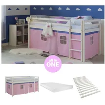 Homestyle4u Hochbett 90 x 200 cm Kiefer massiv weiß rosa