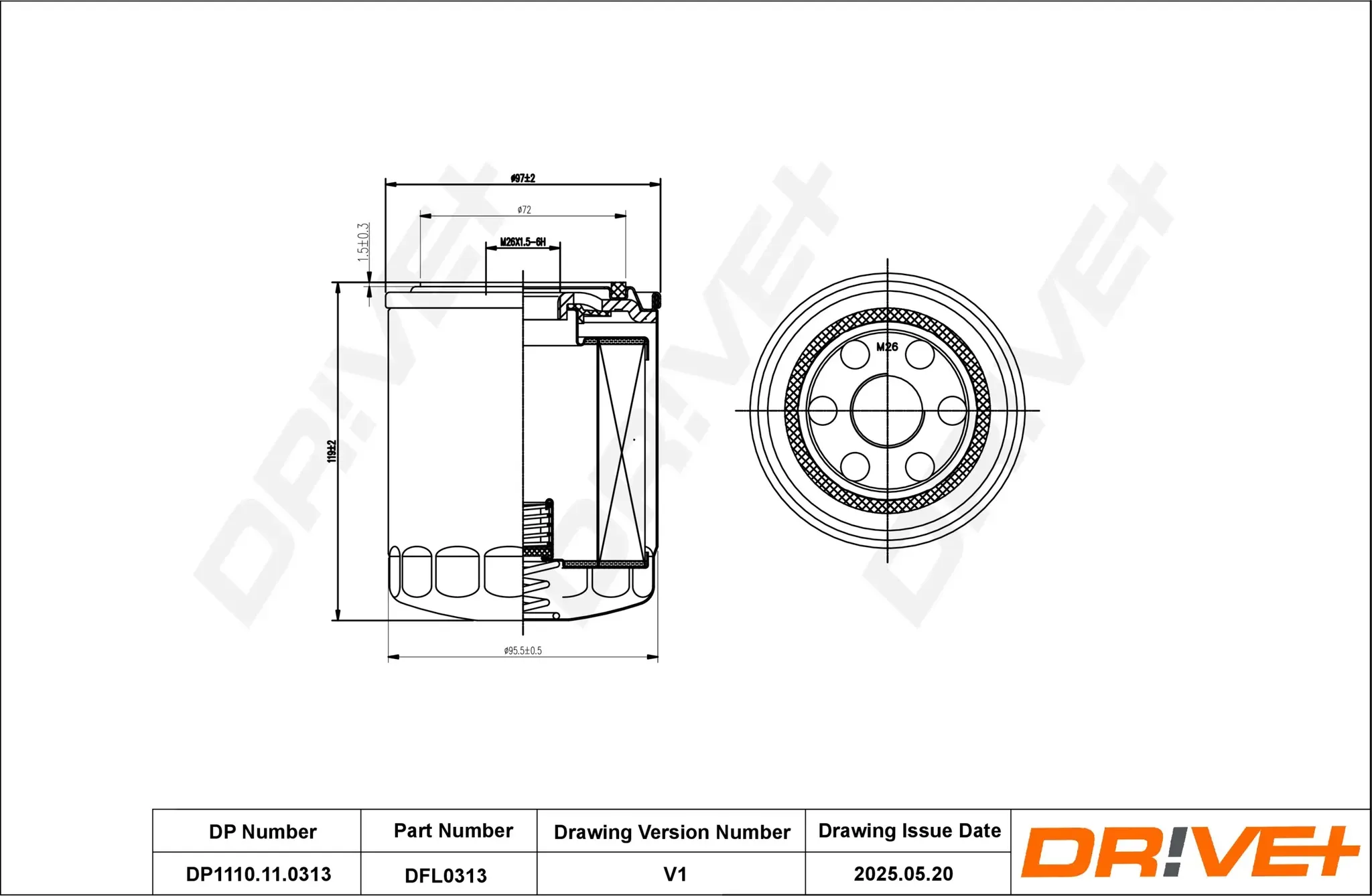 DRIVE+ Ölfilter dp1110110313 Anschraubfilter 119mm GewindemaßM26X1.5-6H für HYUNDAI KIA