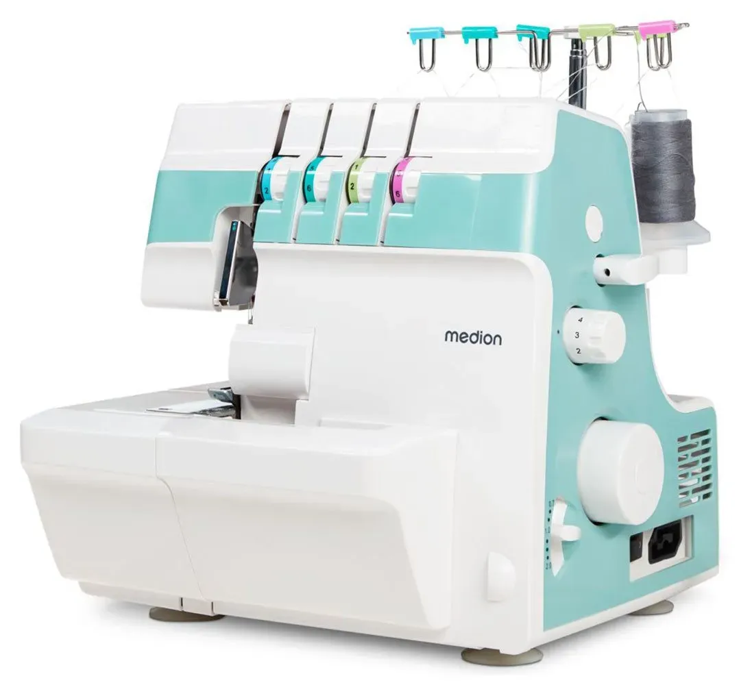 Medion® Overlock-Nähmaschine MD 19169, Teleskopfadenführung, Zubehör- Fach, 4 Fäden gleichzeitig, Nähen mit 2 Nadeln, Einstellbare Fadenspannung blau