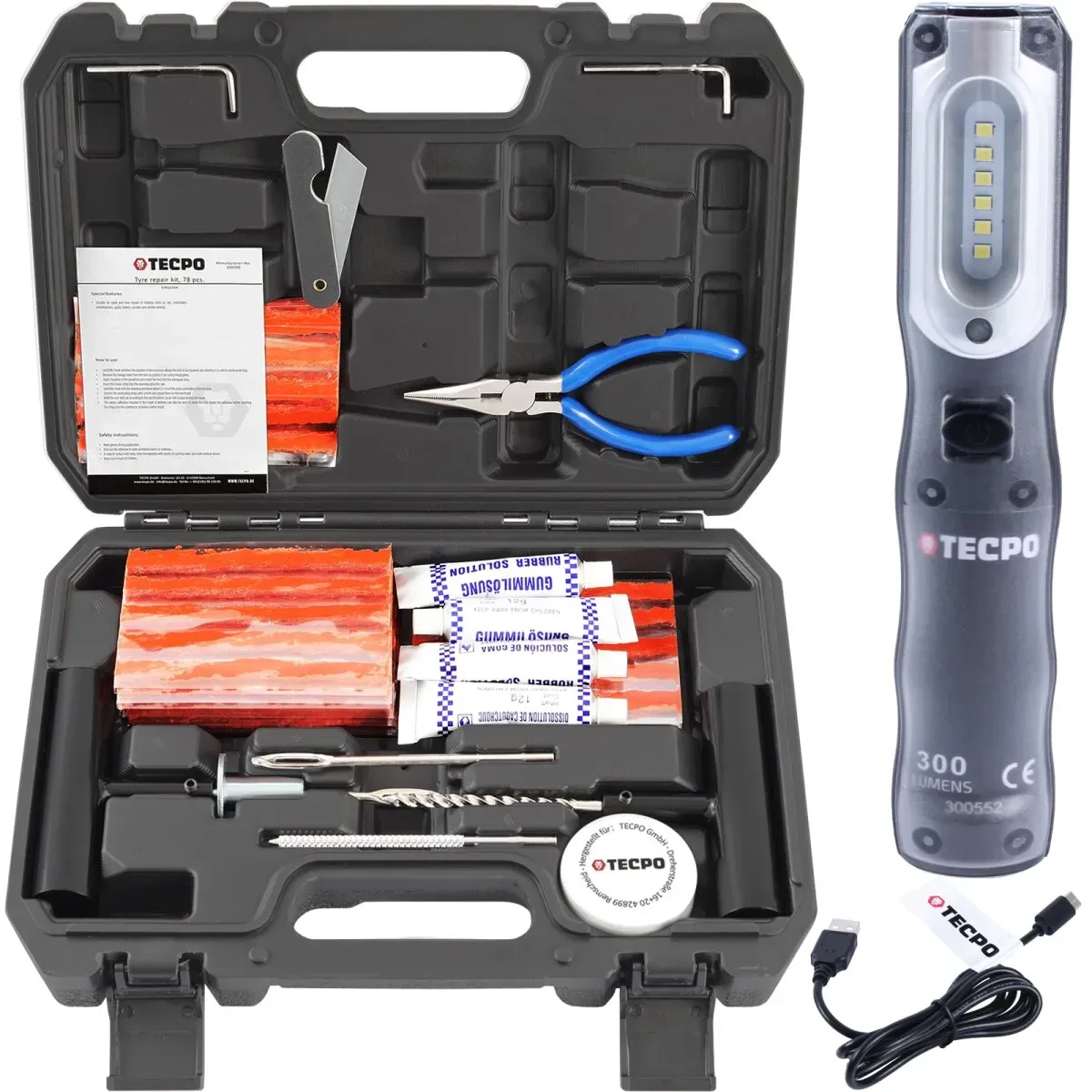 TECPO Reifenreparatur Set, 78-teilig + LED Akku Handlampe 300 Lumen...