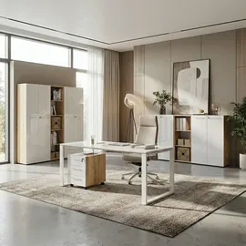 KADIMA DESIGN Büro-Set MUENCHEN | Glas | Abschließbar | Soft-Close | Chalet-Eiche-Nb./Weiß
