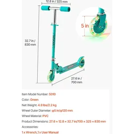 Vevor Scooter (2 Räder) für Kinder ab 3 Jahren, Cityroller Kinderroller mit leuchtenden Rädern & höhenverstellbarem Lenker & rutschfestem Deck & faltbarem Rahmen, Tretroller bis zu 50 kg, Grün