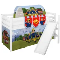 Kinder Hochbett mit schräger Rutsche JELLE 3054 weiss mit Vorhang Feuerwehrmann Sam 190x90 cm - Weiß