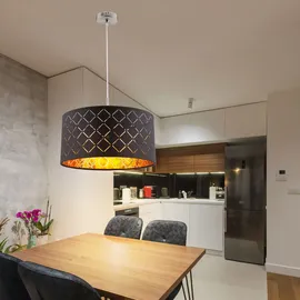 GLOBO Pendellampe Hängelampe schwarz Esstisch modern Wohnzimmerleuchte, Textil Schirm rund, Metall gold, DxH 40x140 cm