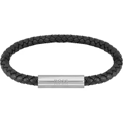 Armband BOSS "Schmuck Edelstahl Armschmuck Lederarmband BRAIDED LEATHER", schwarz (edelstahlfarben, schwarz), Armbänder, Herren, Leder-Edelstahl, Leder, Edelstahl