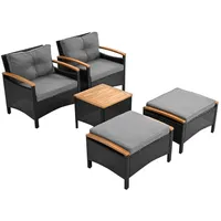 MODFU Gartenlounge-Set Rattan Balkonset, Tragkraft 160kg, (Garten-Lounge-Set, Gartenmöbel-Set, Balkonset, 5-tlg., 2 Stühle, 2 Hocker und 1 Tisch), mit Kissen, Akazienplatte grau|schwarz