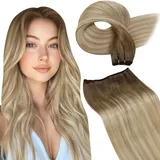 LaaVoo Tressen Extensions Echthaar Ombre Blond Sew in Weft Echthaar Extensions Hellbraun Balayage Aschblond mit Platinblond Tressen Echthaar Extensions zum Einnähen Glatt 60cm 100g #8/18/60