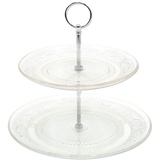 Dekohelden24 Etagere aus Glas, zweistöckig, silberner Etagerenstab, Glasteller mit Muster, Größe: H/Ø ca. 25 x 25 cm