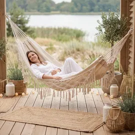 outtec Outtec® Hängematte - 200x150 cm, bis 200kg - Boho Baumwoll Hammock für Outdoor, Garten, Balkon, - für Kinder und Erwachsene, Beige