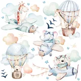 Muralo Sticker Set für Mädchen und Jungen - Aquarell Aufkleber Wandsticker Tattoo für Kinderzimmer - Wandaufkleber Tiere in den Wolken Motiv - Br.120cm x Hö.60cm