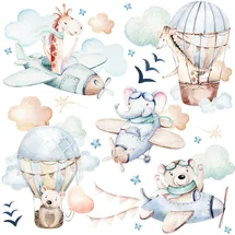 Muralo Sticker Set für Mädchen und Jungen - Aquarell Aufkleber Wandsticker Tattoo für Kinderzimmer - Wandaufkleber Tiere in den Wolken Motiv - Br.120cm x Hö.60cm