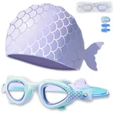 Dwafill Schwimmbrillen + Badekappen Set,Badekappe Bademütze (Purple)