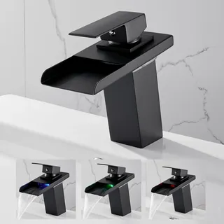 OUGOO Edelstahl LED Bad Wasserfall Wasserhahn angetrieben durch Wasser, RGB 3 Farbwechsel Waschbecken Mischer mit Temperatursensor, keine Batterie benötigt, Schwarz Single Handle Wasserhahn