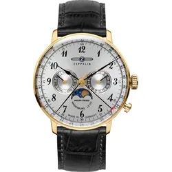 Zeppelin Herrenuhr LZ 129 Hindenburg Mondphase 70381 - Silbernes Ziffernblatt mit schwarzen Zahlen/Indices,graue Naht,schwarz - 40mm