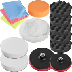 tectake® 14-teiliges Polierschwamm-Set, 1 Polierfell, 3 Mikrofasertücher, Befestigung mit Klettverschluss