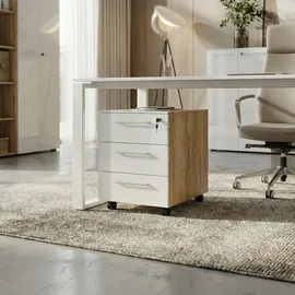 KADIMA DESIGN BÜRO-SET MUENCHEN 5-teilig | Glasfront Abschließbar | Schreibtisch, Container, 2 Schränke, Regal | Chalet-Eiche-Nb./Weiß