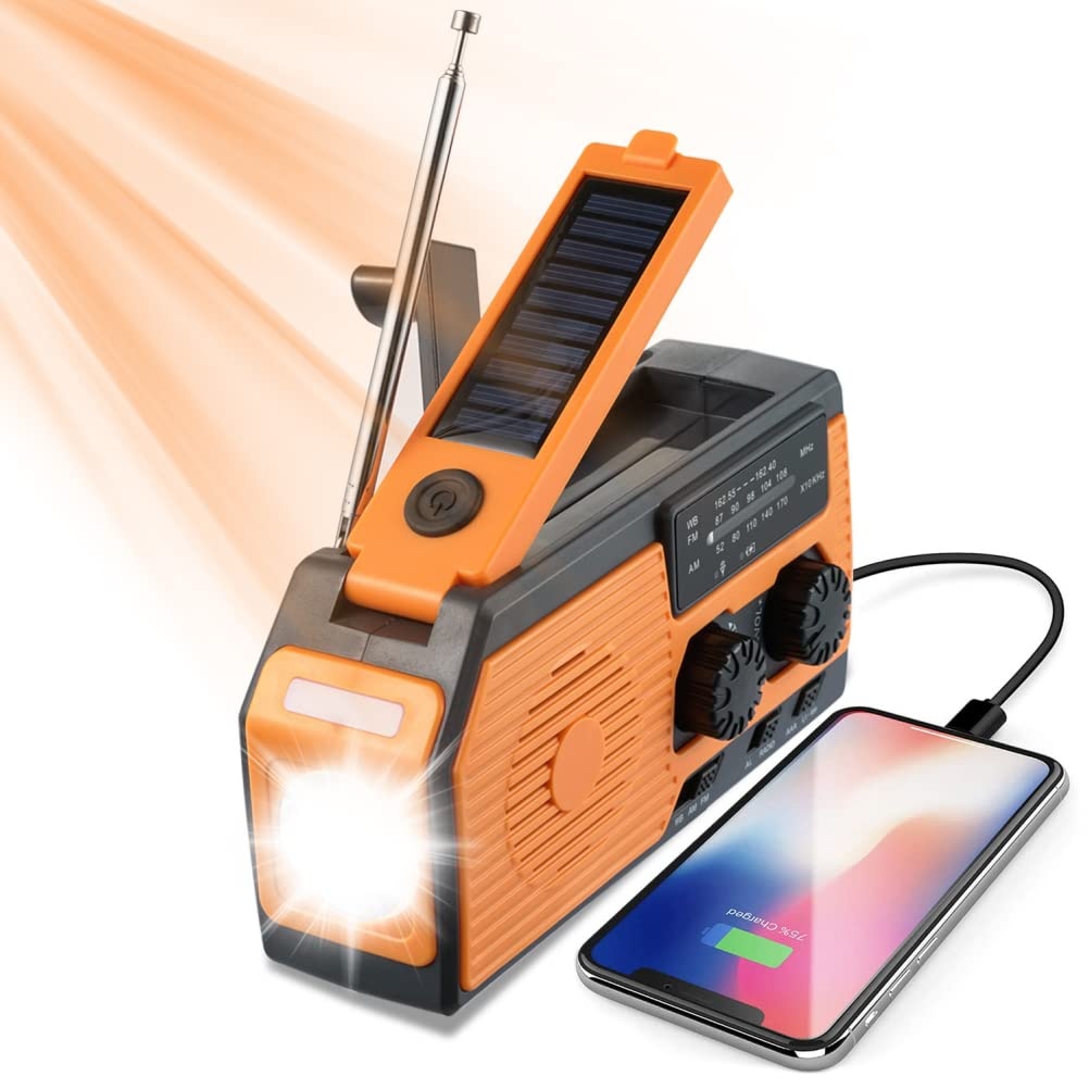 Notfallradio Solar Kurbel Tragbares Radio, AM/FM Kurbelradio mit 5000mAh Wiederaufladbares Batterie USB Handyladefunktion Taschenlampe für Wandern Camping Ourdoor Notfall