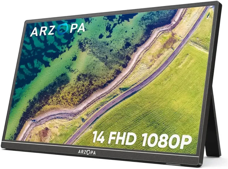 ARZOPA A1S tragbarer Monitor mit Kickstand, 14,0 Zoll ultraflacher tragbarer Laptop-Monitor, FHD 1080p externes Display mit Dual-Lautsprechern, Zweitbildschirm für Laptop, PC, Smartphone, Xbox, PS4/PS5, Switch
