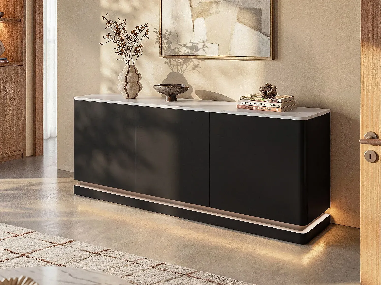 Sideboard mit 3 Türen - Mit LED-Beleuchtung - MDF - Schwarz & weiße Marmor-Optik - DEVIKA