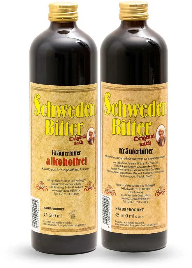 Schwedenbitter „gemischt“ (je 500 ml 32 vol % Alk. und 500 ml ohne Alkohol)