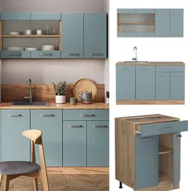Vicco Küchenzeile R-Line 140 cm Blau-Grau Eiche
