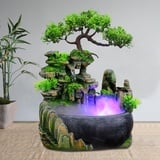 Zimmerbrunnen mit LED Wohnzimmer Wasserfall Tischbrunnen, Steingarten Wasserbrunnen Schreibtisch Chinesisch Fengshui Wasserfall Tischplatte Bonsai Ornament Grünpflanzen Zimmerbrunnen(D)