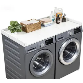 Vevor Arbeitsplatte für Waschmaschine & Trockner (137 x 69,9 cm) mit Erhöhtem Rand & Haken, zur Organisation und Aufbewahrung im Wäscheschrank Speisekammer Küchentheke, 113 kg Belastbar, Weiß