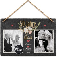 PR Print Royal Schiefertafel selbst gestalten- Fotocollage - 50 Jahre - Personalisiertes Geschenk zur goldenen Hochzeit mit Zwei Fotos, Namen und Datum - zum Aufhängen, 20 x 30 cm