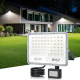 TASINUO LED Strahler mit Bewegungsmelder Außen 50W, 5000LM LED Scheinwerfer mit Bewegungsmelder, IP67 Wasserdichte Außenstrahler mit PIR, 6500K Kaltweiß Fluter für Lager Garten Garage Gänge Eingänge