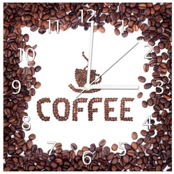 Wallario Wanduhr Kaffee Schrift aus Kaffeebohnen (Glasuhr) weiß 30 cm x 30 cm
