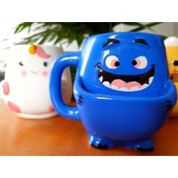 Dekohelden24 Tasse Kaffeebecher Kaffeetasse mit Keksfach aus Keramik versch. Motive, Porzellan blau