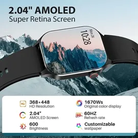 souyie Smartwatch Herren Damen mit Telefonfunktion, 2.04” AMOLED Display, IP68 Wasserdicht Sportuhr, mit Blutdruck, Herzfrequenz, SpO2, Android iOS - Schwarz