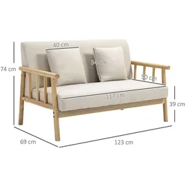 Homcom 2 Sitzer Sofa, Couch mit 2 Lendenkissen, Gepolsterter Polstersofa mit Holzrahmen, Leinenoptik, für kleine Räume, Beige