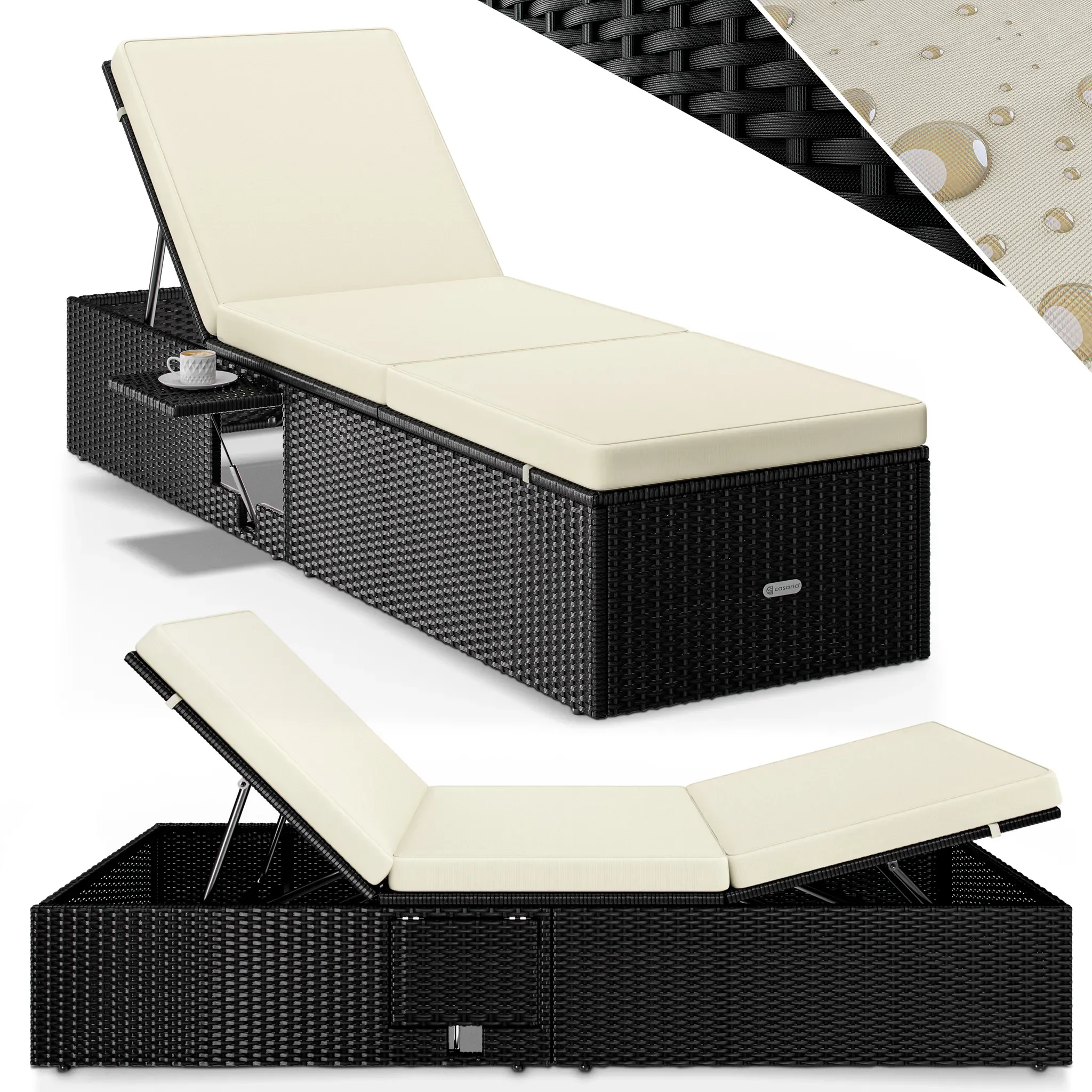 Polyrattan sun lounger black/cream 200x58x33cm