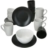 MamboCat 12tlg Teeset weiß schwarz, 4 Personen, Teller Müsli-Bowl Becher o. H. 2x Becher m. H. & 4x Schale gemischt