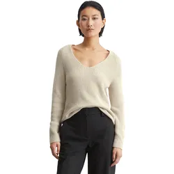 Strickpullover MARC O'POLO "aus Organic Cotton-Qualität", Damen, Gr. XXL, beige (sandy melange), Obermaterial: 100% Baumwolle, unifarben, casual, V-Ausschnitt, Langarm, Pullover