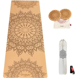 Kork Yogamatte Komfort-Set mit 2 Knie Pads. MANDALA Design braun 183