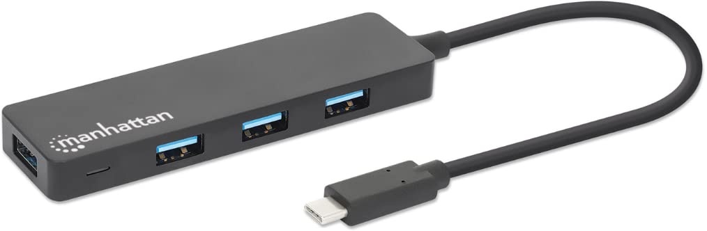 Manhattan 164924 4-Port USB 3.2 Gen 1 Hub USB-C-Stecker auf 4 x USB-A-Buchse, 5 Gbit/S Datenübertragungsraten, Stromversorgung über USB, Schwarz