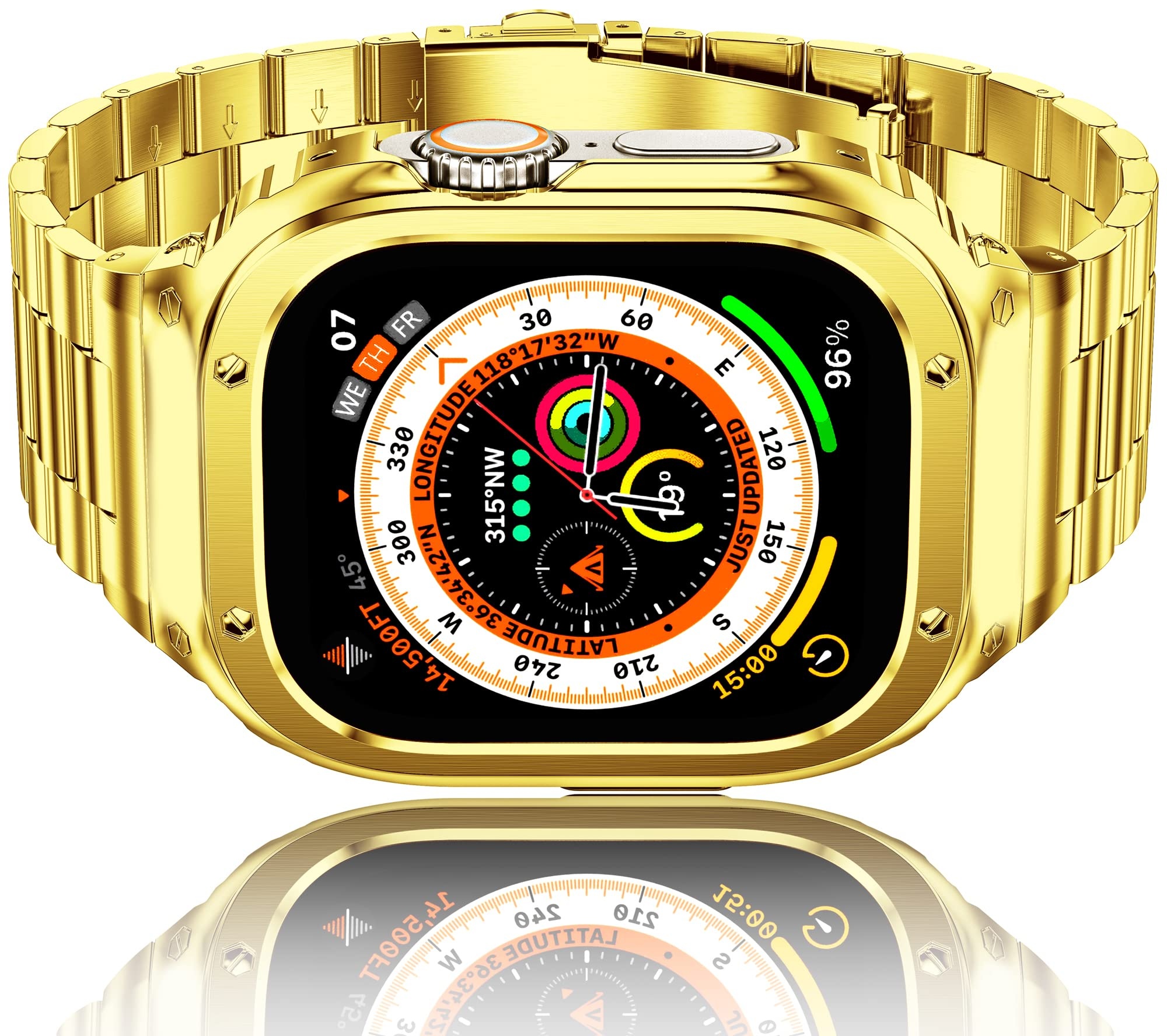 HASLFM Edelstahl Apple Watch Armband mit Gehäuse Kompatibel mit Apple Watch Ultra/Ultra 2(49mm),Metall iWatch Band und Schutzhülle, Robustes Ersatzband für Männer 2023,Gold