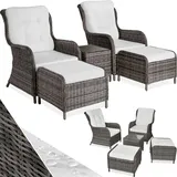 tectake® 2X Premium Rattan Sessel mit Hocker und Tisch, Relaxsessel für Garten, Terrasse und Balkon, Lounge Gartenmöbel Set wetterfest, variabel, Gartenstühle, Lesesessel und Sonnenliege - grau