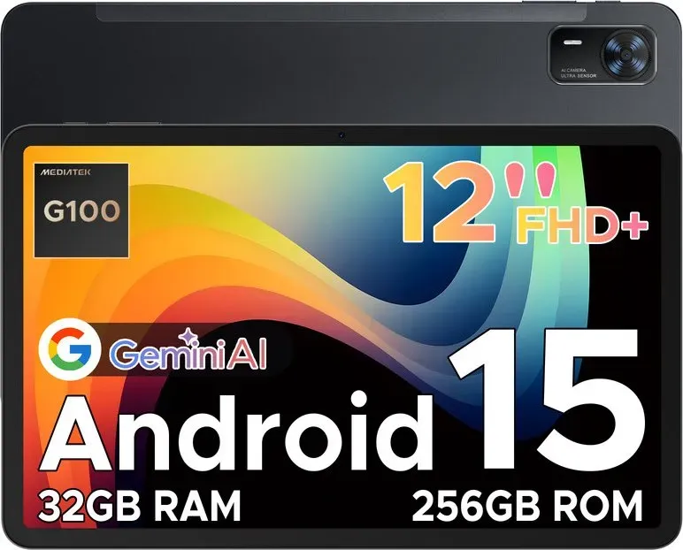 DOOGEE Tab E3+ Android 15 Tablets 12 Zoll Android, FHD+ Tablet mit SIM-Kartensteckplatz, Helio G100 Octa-Core AI Tablets, 90 Hz Gaming-Tablet, 32GB+256GB/2TB, 8800mAh, 7,5mm Ultra-dünn, Quad-Lautsprecher, Face ID, Schwarz