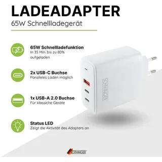 Schwaiger Schnell-Ladeadapter 65 W 2x USB C 1x USB A weiß
