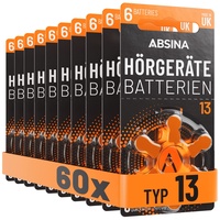 ABSINA Hörgerätebatterien 13 60 Stück mit gut greifbarer Schutzfolie - Hörgeräte Batterien 13 Zink Luft mit 1,45V - Typ 13 Batterien Hörgeräte Orange - PR48 ZL2 P13 Hörgerätebatterien