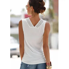 LASCANA Strandtop LASCANA, Damen, Gr. 40/42, beige (creme), Jersey, Obermaterial: 100% Viskose. Spitze: 100% Baumwolle, unifarben, figurumspielend hüftlang, V-Ausschnitt, Tops Strandtop, mit Spitzenborte am Halsausschnitt, modisches Damentop, Topseller